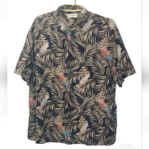 Caribbean Silk Parrot Hawaiian Shirt XL Parrothead Palms Botanical Black Button